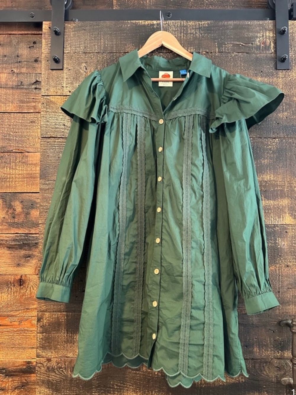 Anthropologie Dark Green Ruffle-Trim Button Dress
